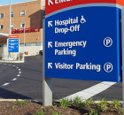 MEDIA, PENNSYLVANIA - MAY 31, 2014:  Signs outside Riddle Memorial Hospital identifying the emergency room representing a typical American hospital.